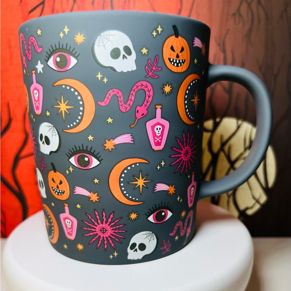 Halloween Mystical Mug Bright Pink Orange Moons Stars Evil Eye Skulls Snakes